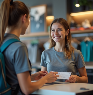 Chèque vacances Décathlon : Comment les utiliser en magasin et en ligne Femme souriante utilisant un bon cadeau au magasin de sport