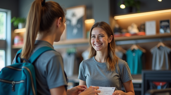Femme souriante utilisant un bon cadeau au magasin de sport