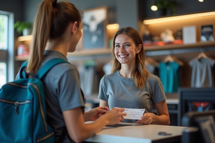 femme-voucher-sport-store Femme souriante utilisant un bon cadeau au magasin de sport