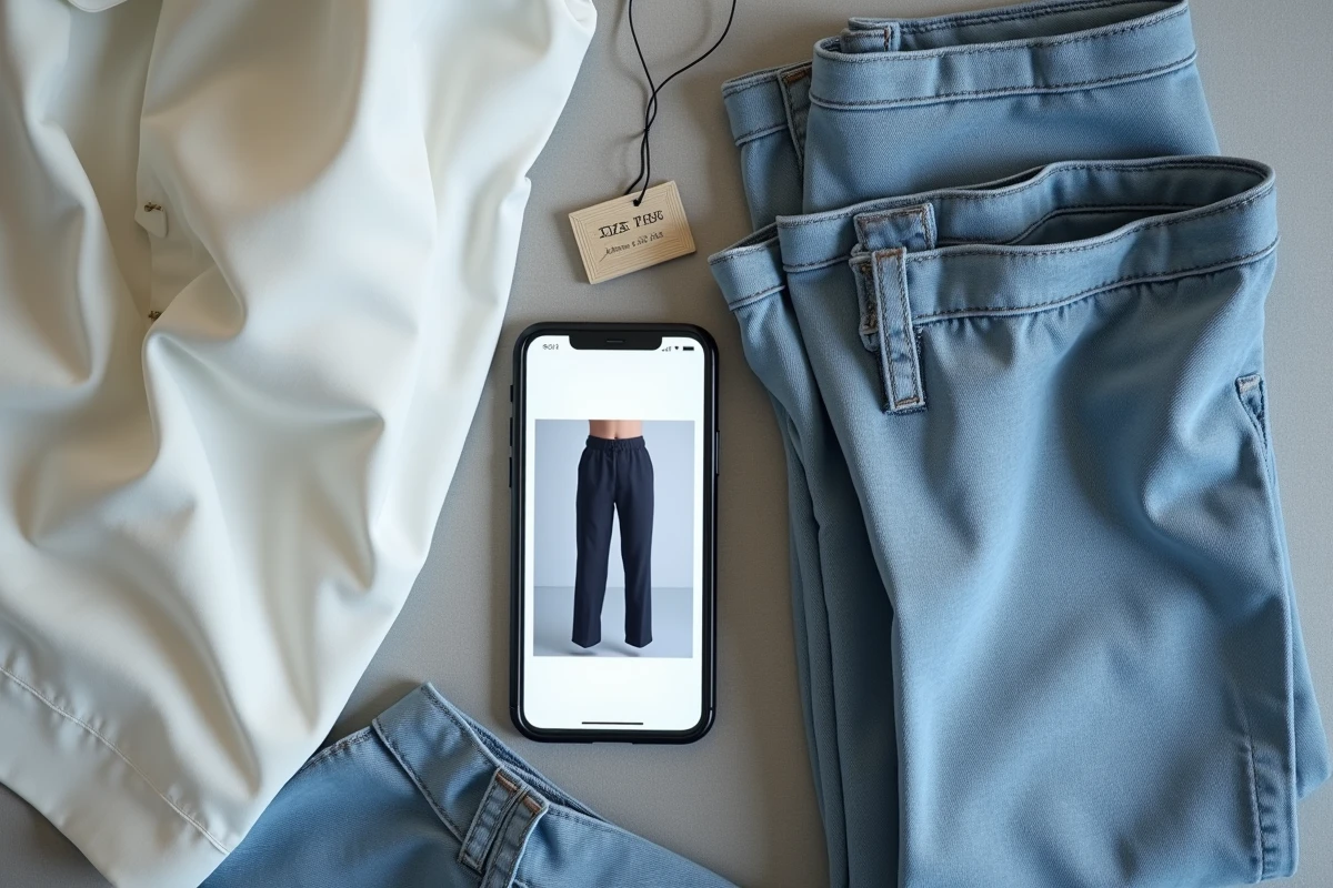 Flat lay comparant des vêtements reçus en ligne avec leur fiche produit, guide achat sonstiges vêtements