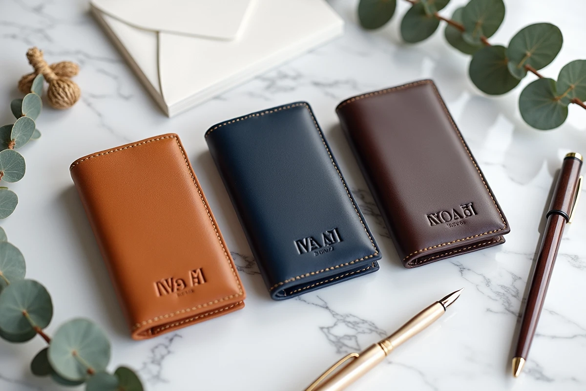 Trois porte-monnaie personnalisés en cuir de couleurs différentes présentés en flat-lay sur marbre blanc