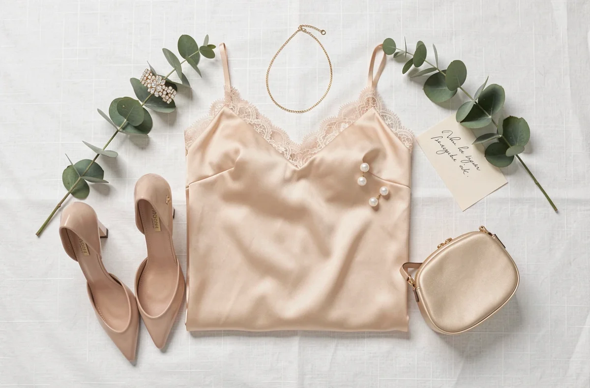 Flat lay stylisé d'une robe d'anniversaire champagne avec accessoires assortis : escarpins, collier doré, boucles d'oreilles perles et pochette satin