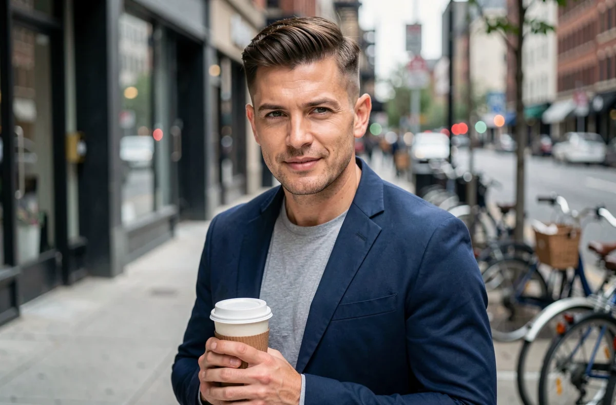 Homme en veste navy avec un French Crop soigné tenant un café dans une rue urbaine le matin