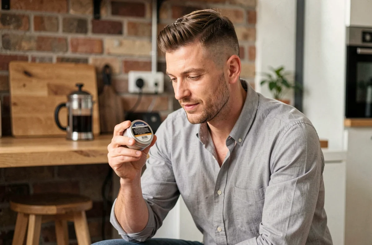 Homme en chemise grise tenant un pot de pommade pour coiffer son French Crop dans une cuisine minimaliste