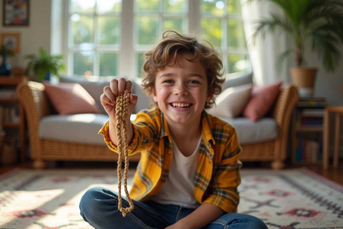 Garcon preadolescent montrant son bracelet macrame fait main