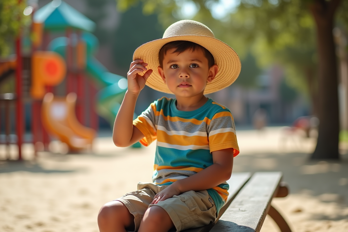 Jeune garçon ajustant son chapeau dans une aire de jeux