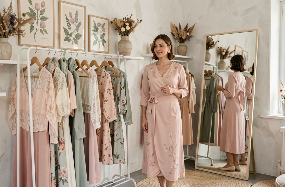 Boutique Graine d'Iris avec une ambiance romantique et des vêtements féminins en tons pastels