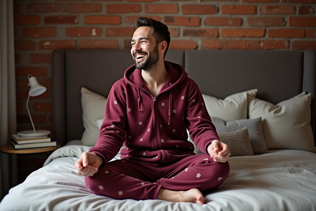 Homme en grenouillère bordeaux à motifs géométriques assis sur un lit douillet dans une chambre moderne