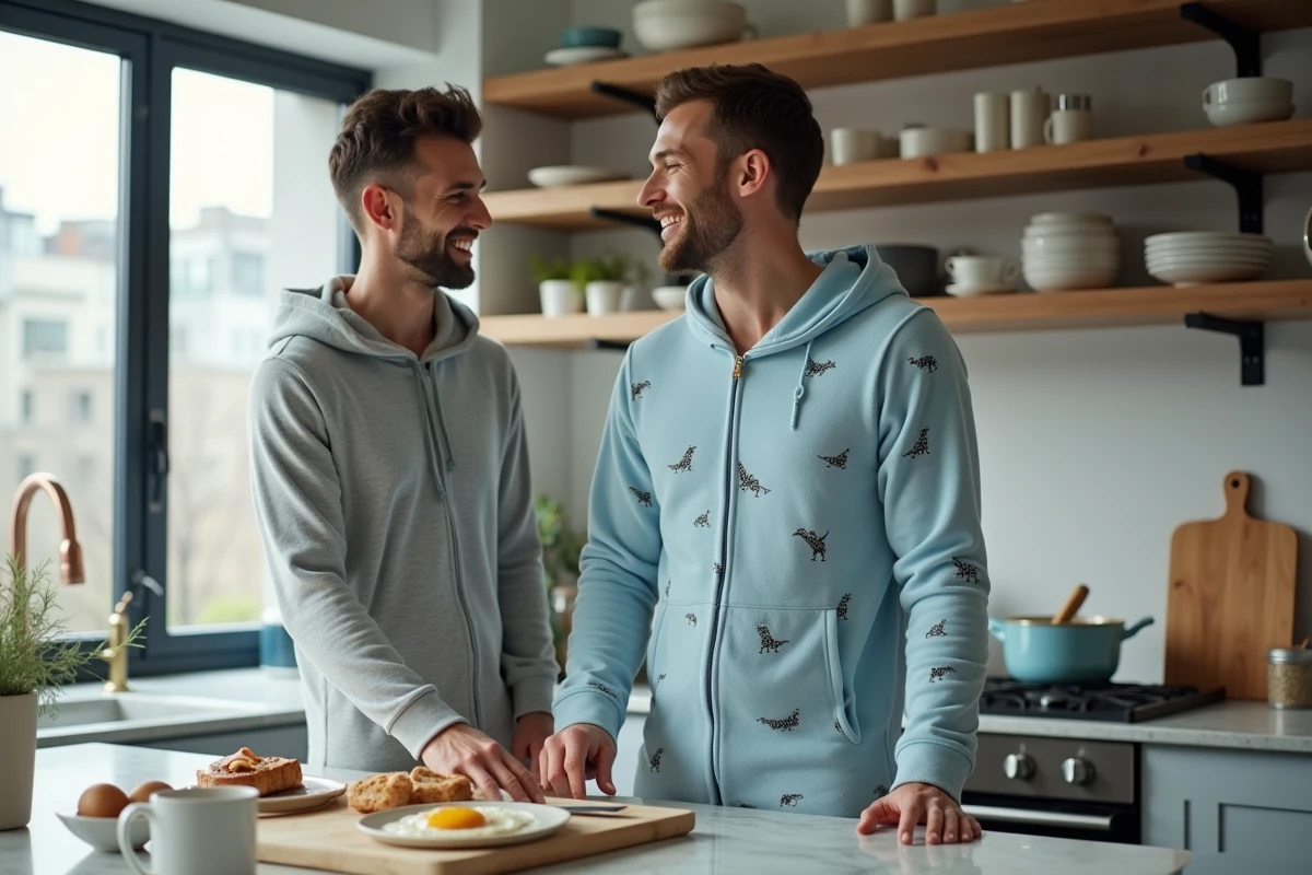 Deux hommes en grenouillères tendance 2026 bleu pastel et gris anthracite préparant le petit-déjeuner dans une cuisine moderne
