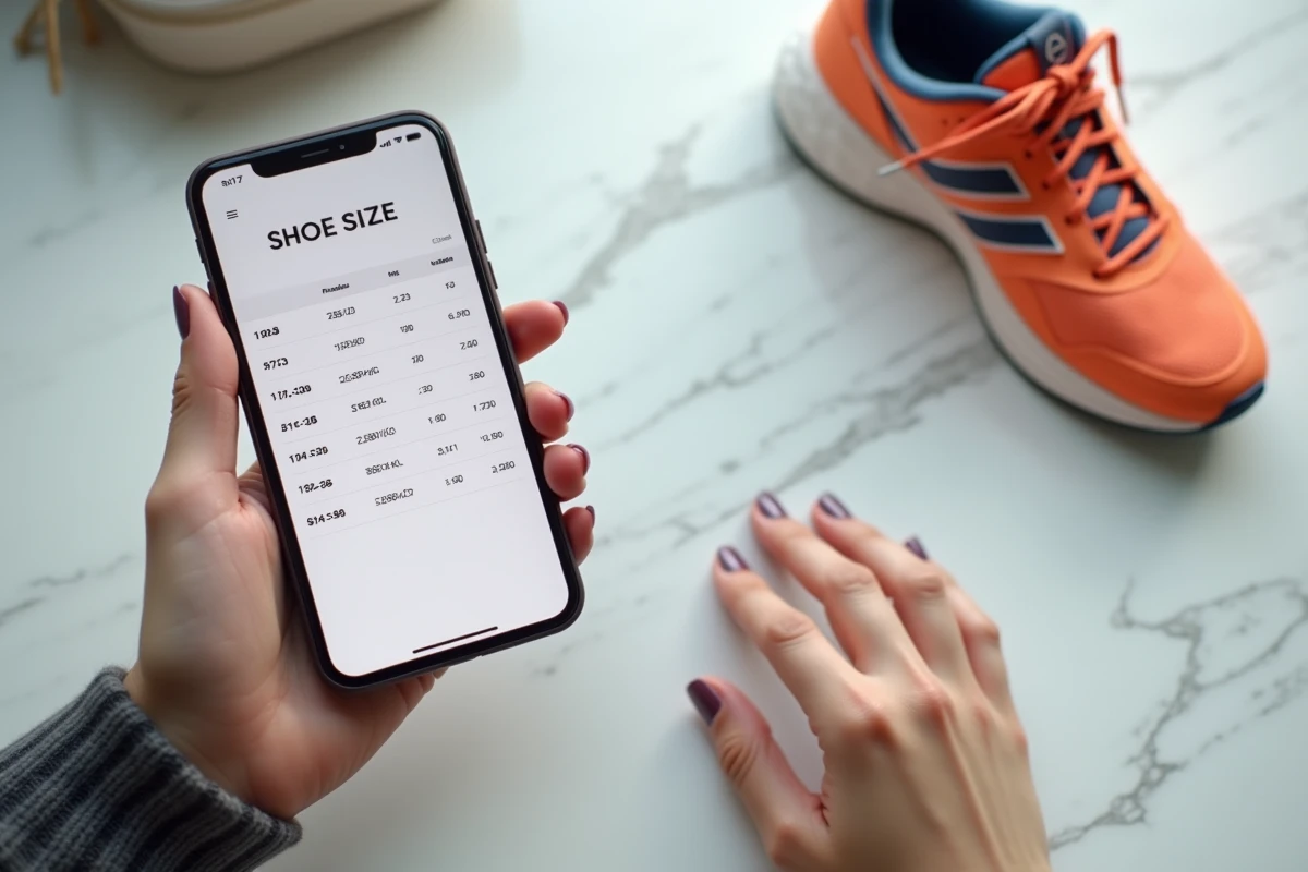 Gros plan de mains tenant un smartphone avec un convertisseur de pointure internationale à côté de baskets colorées sur marbre blanc
