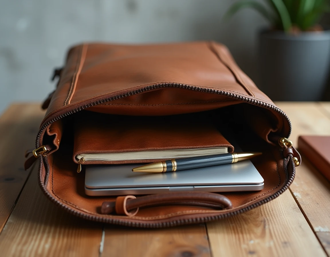 Gros plan d'une sacoche cuir tan ouverte avec ordinateur portable et carnet sur un bureau en bois brut