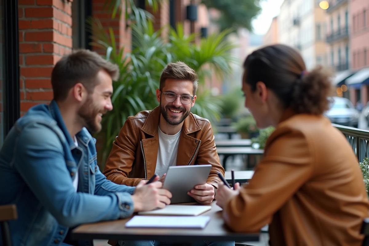 Trois amis riant et échangeant idées sur une terrasse urbaine