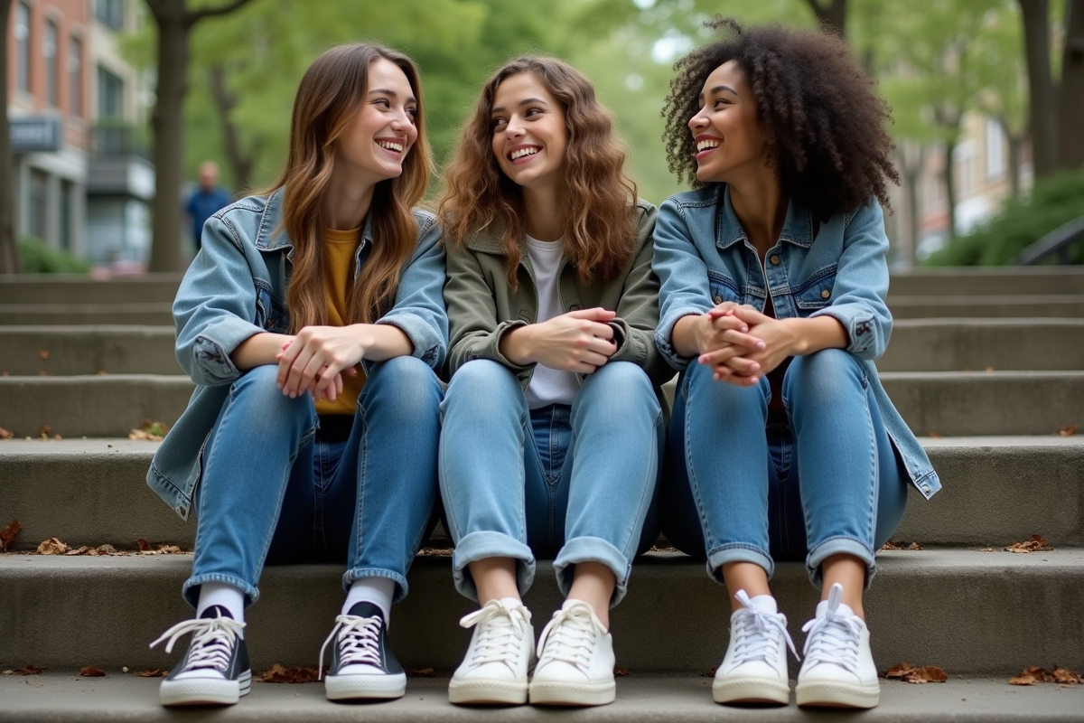 Trois amis en jeans 90s dans un parc urbain ensoleille
