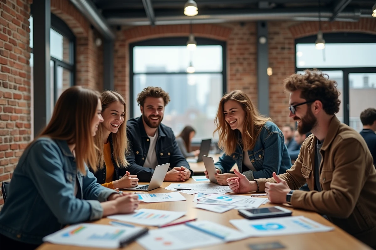 Groupe de jeunes en brainstorming dans un espace de coworking