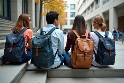 Groupe d'étudiants avec sacs à dos urbains en extérieur
