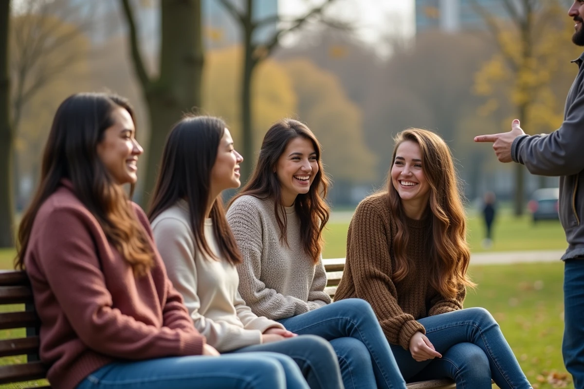 Femmes rieuses dans un parc urbain avec un homme
