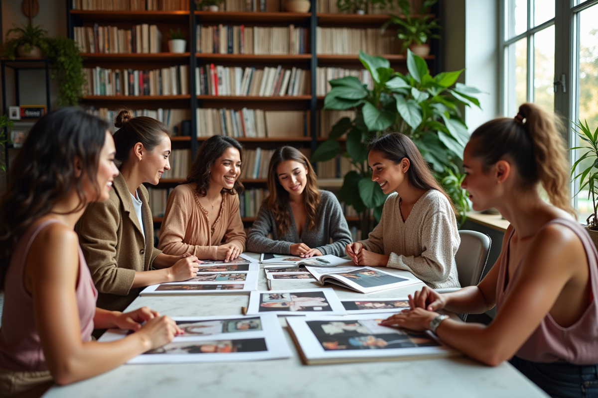 Groupe de jeunes adultes choisissant des magazines de mode
