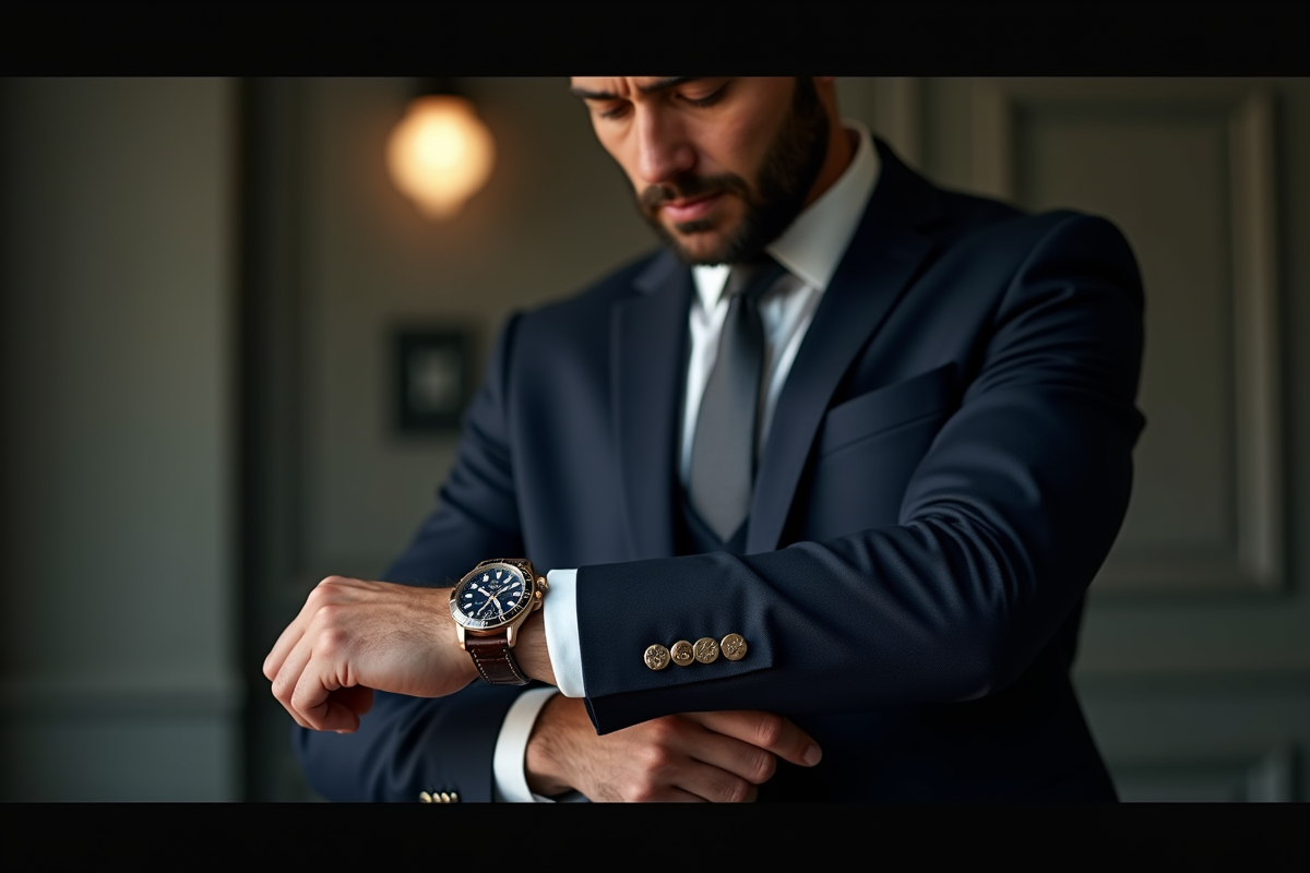 Homme confiant ajustant une montre de luxe en costume moderne