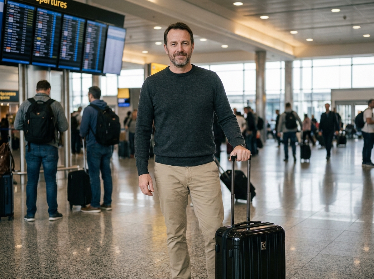 Homme tenant un bagage à roulettes rigide noir dans un hall d'aéroport international animé