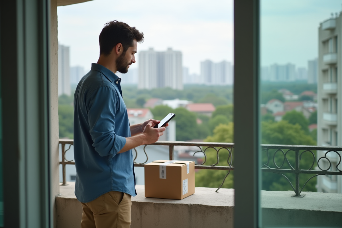 Homme vérifiant son smartphone sur le balcon urbain