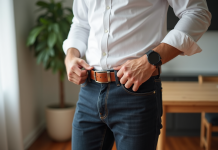 Homme en intérieur ajustant sa ceinture en cuir blanc