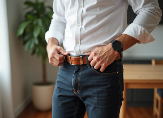 Taille ceinture homme – Quelle taille choisir pour un pantalon 36 ? Homme en intérieur ajustant sa ceinture en cuir blanc