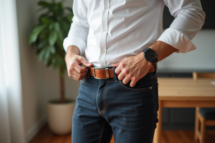 Homme en intérieur ajustant sa ceinture en cuir blanc