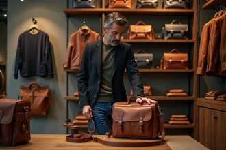 Homme élégant examinant sacs en cuir dans une boutique