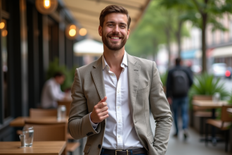 Homme élégant ajustant son col en terrasse de café