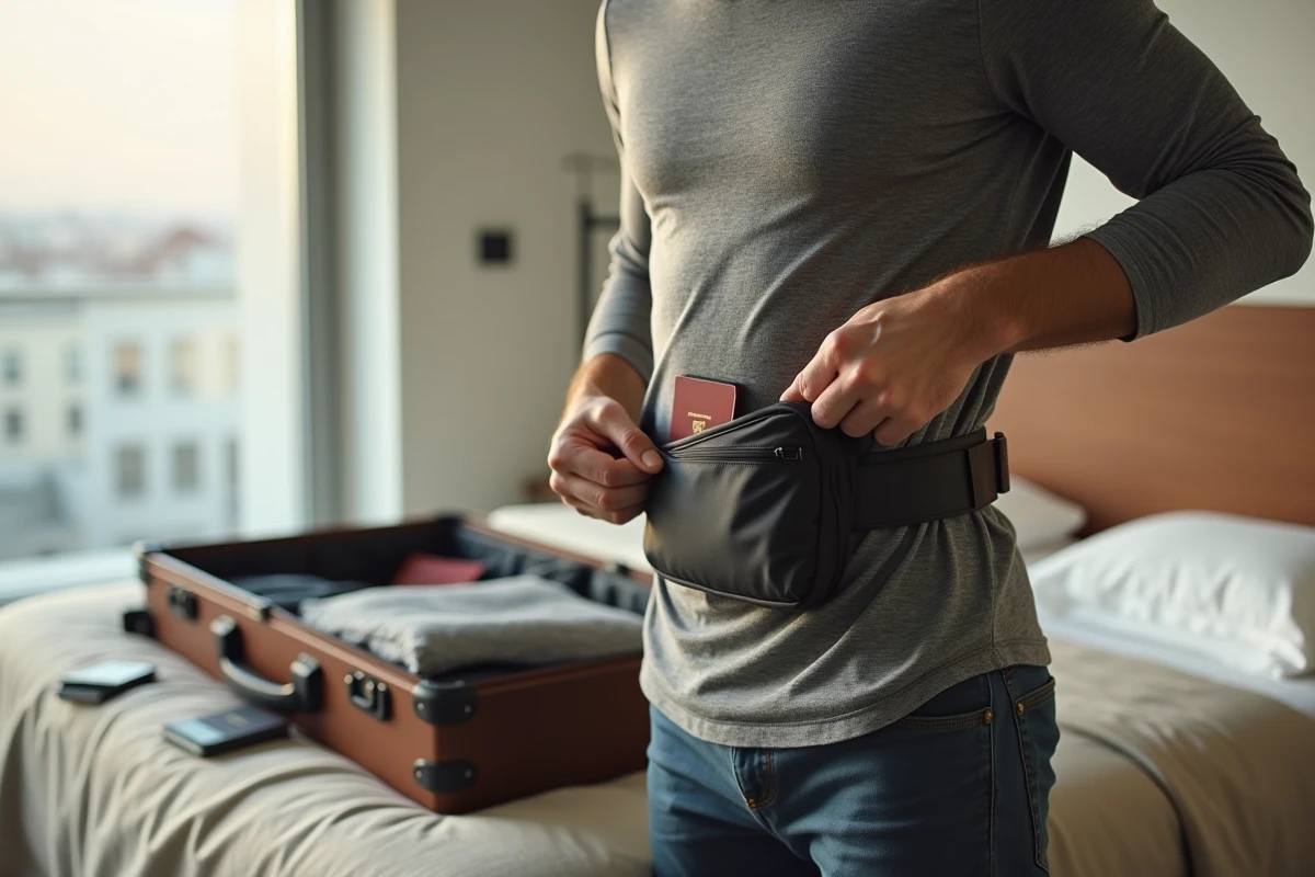 Homme portant une ceinture porte-monnaie cachée anti-vol dans une chambre d'hôtel avant voyage