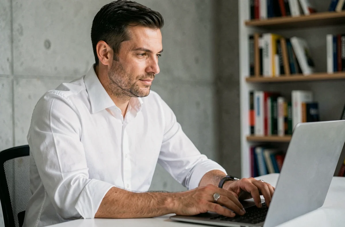 Homme portant une chevalière en argent au bureau devant un ordinateur portable dans un bureau moderne minimaliste