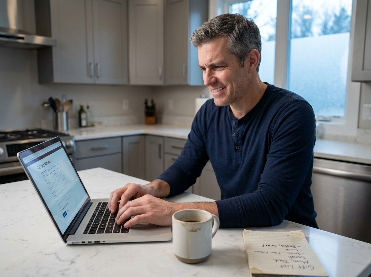 Homme en cuisine commandant des cadeaux en ligne sur un ordinateur portable avec une liste de cadeaux manuscrite et un café
