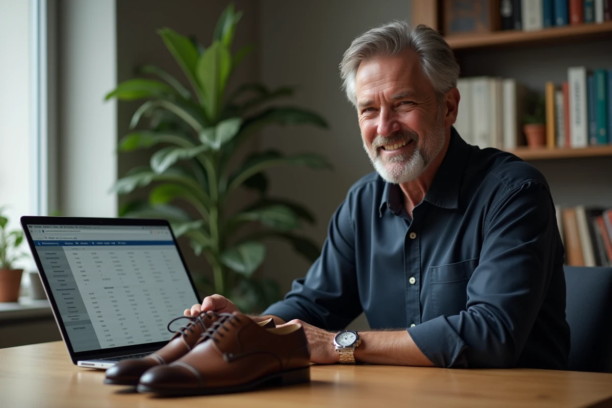 Homme cherchant sa pointure exacte sur un site de conversion en ligne avec des chaussures en cuir posées sur un bureau