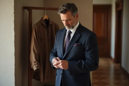 Homme en costume navy ouvrant la poche de sa veste