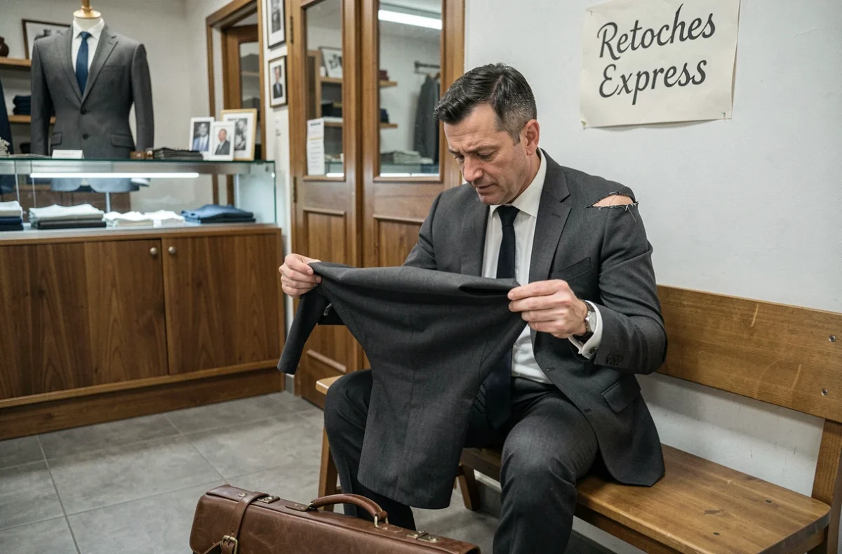 Homme en costume avec une couture déchirée dans une boutique de retouches express à Toulouse
