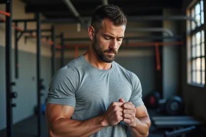 Homme CrossFit inspectant la qualité de son t-shirt technique gris après un entraînement intensif dans une salle de CrossFit