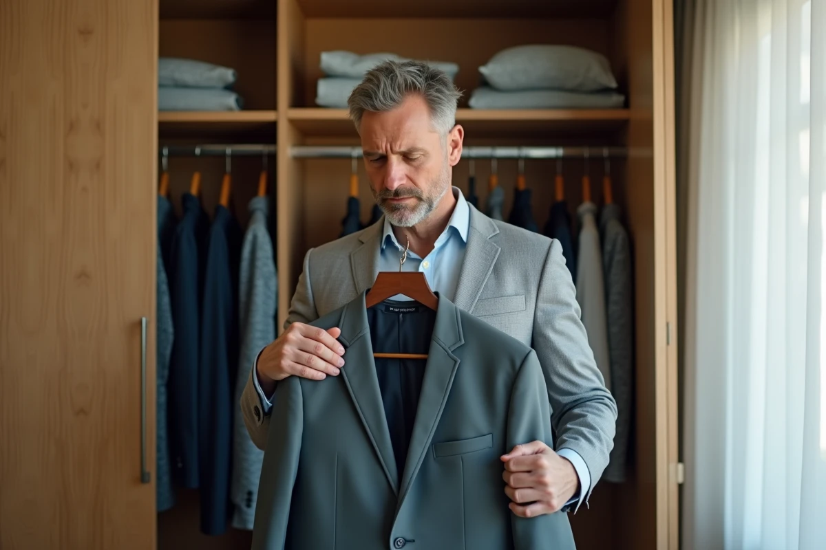 Homme déçu comparant un vêtement reçu en ligne avec la description attendue, problème de commande sonstiges