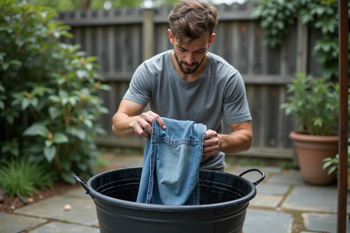 Jeune homme trempant un jean dans un seau de teinture en extérieur