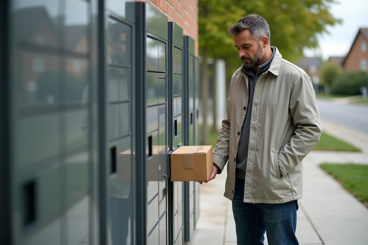Homme d&eacute;posant un colis dans un casier de livraison ext&eacute;rieur