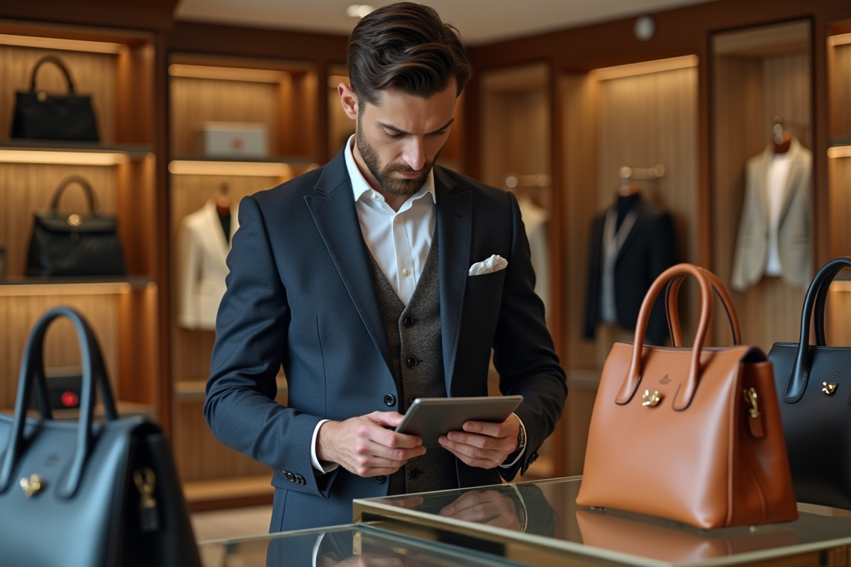 Homme en costume comparant des sacs à main haut de gamme