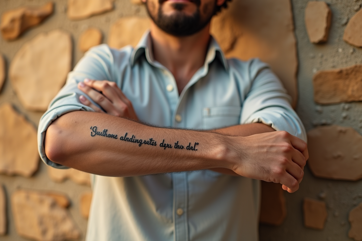 Homme dehors montrant son tatouage sur le bras