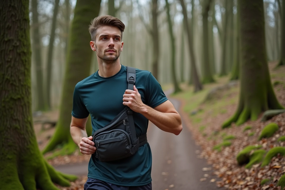 Jeune homme ajustant sa ceinture de course en forêt