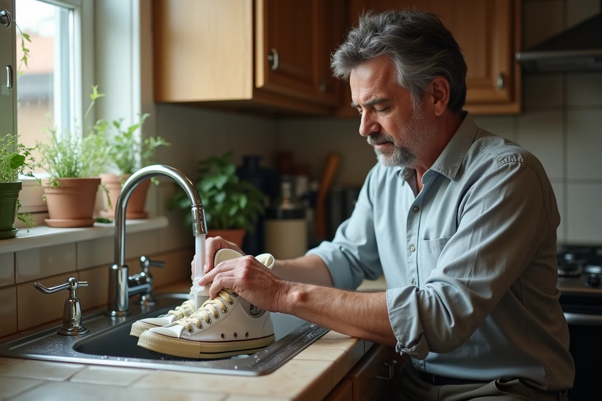 Homme nettoie des sneakers dans une cuisine chaleureuse