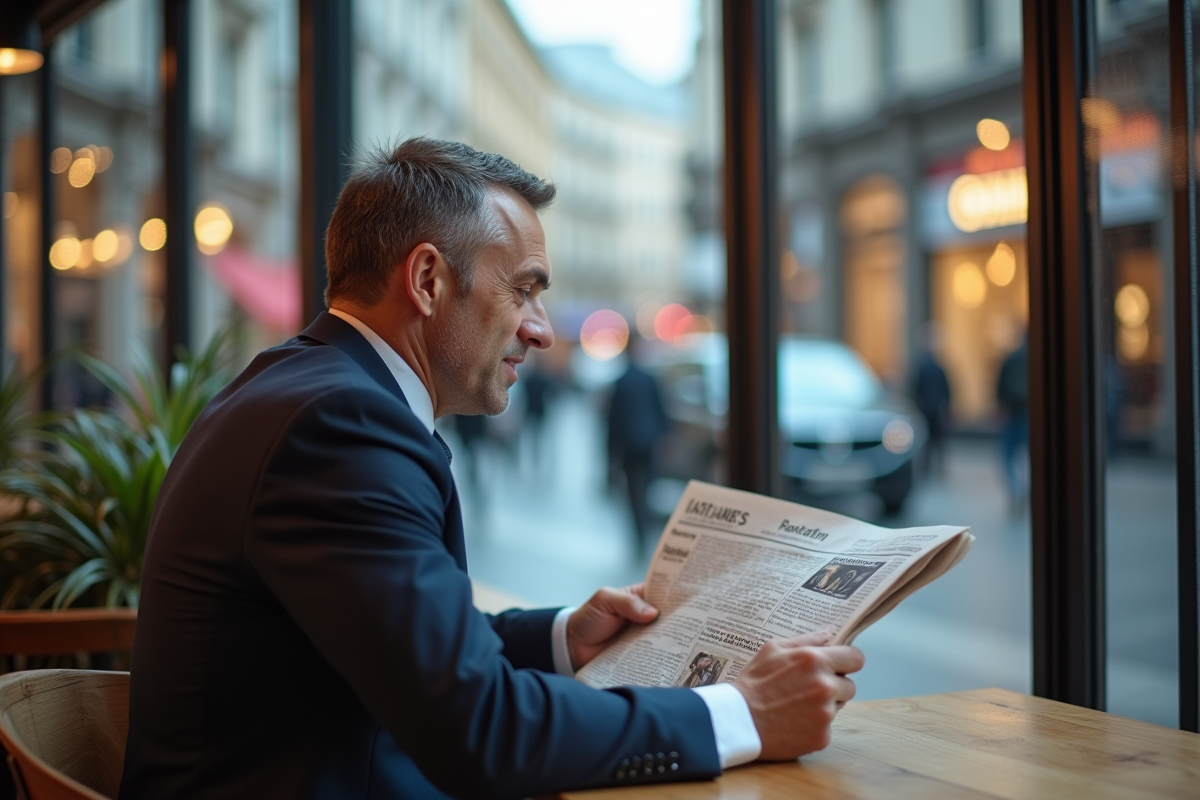 Homme d affaires lisant une actualite dans un café
