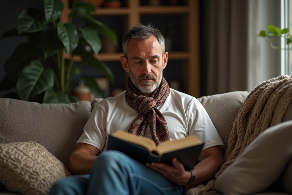 Homme détendu lisant un livre sur un sofa le soir