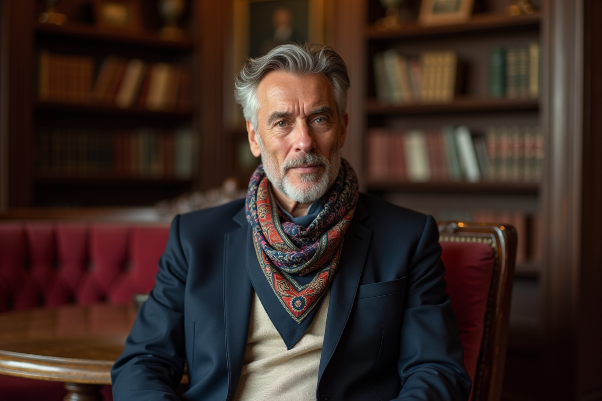 Homme assis avec un châle dans un salon cosy