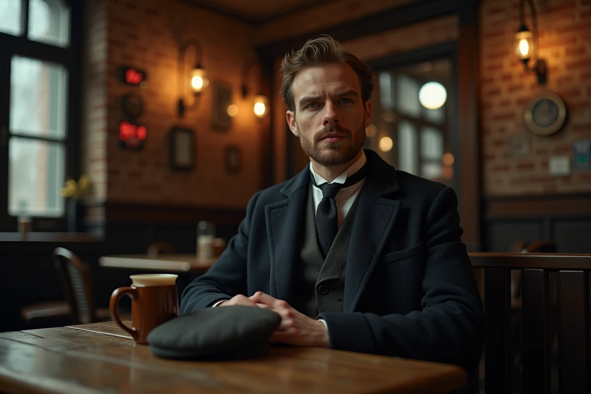Homme en manteau double boutonnage années 30 style Peaky Blinders assis dans un pub vintage en bois sombre