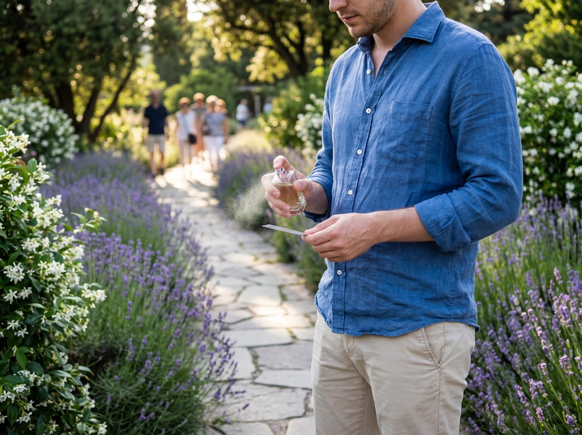 Jeune homme vaporisant parfum dans un jardin botanique