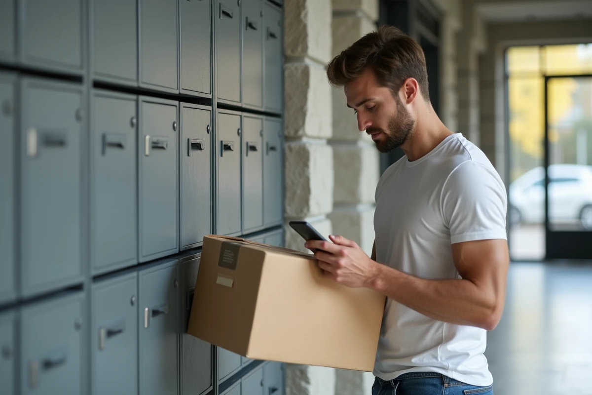 Homme vérifiant un colis dans un hall d