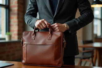 Homme en blazer déposant une sacoche cuir cognac pour ordinateur portable sur un bureau en chêne dans un bureau moderne